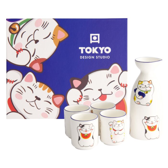 Tokyo Design Studio – Kawaii – Lucky Cat - Sake Set – 4 Kopjes – 1 Sake Fles – 120/50ML