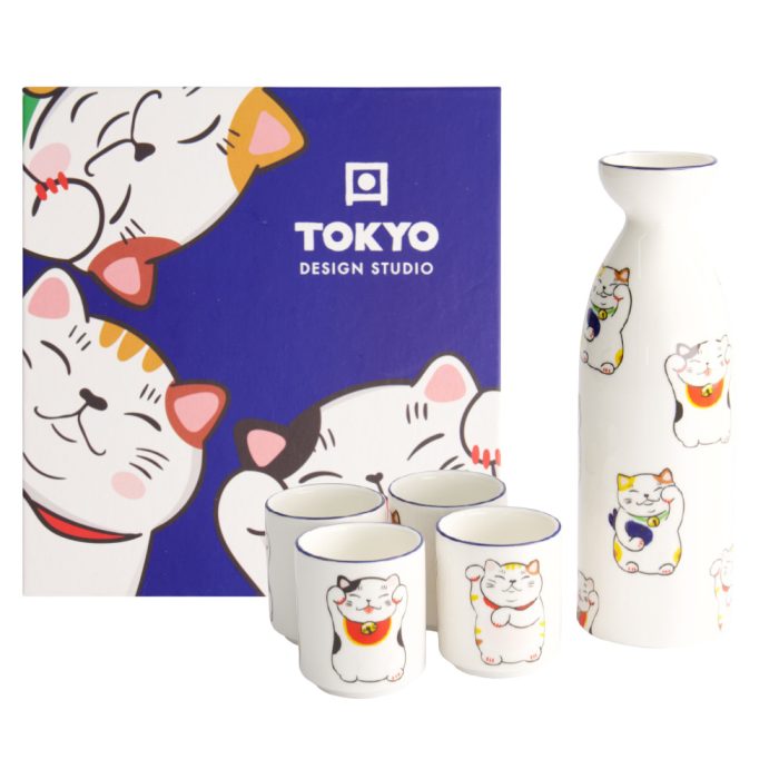 Tokyo Design Studio – Kawaii – Lucky Cat - Sake Set – 4 Kopjes – 1 Sake Fles – 220/50ML